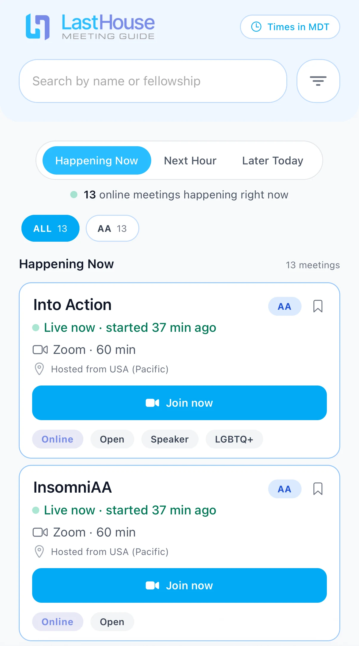 LastHouse Online tab with meetings happening now