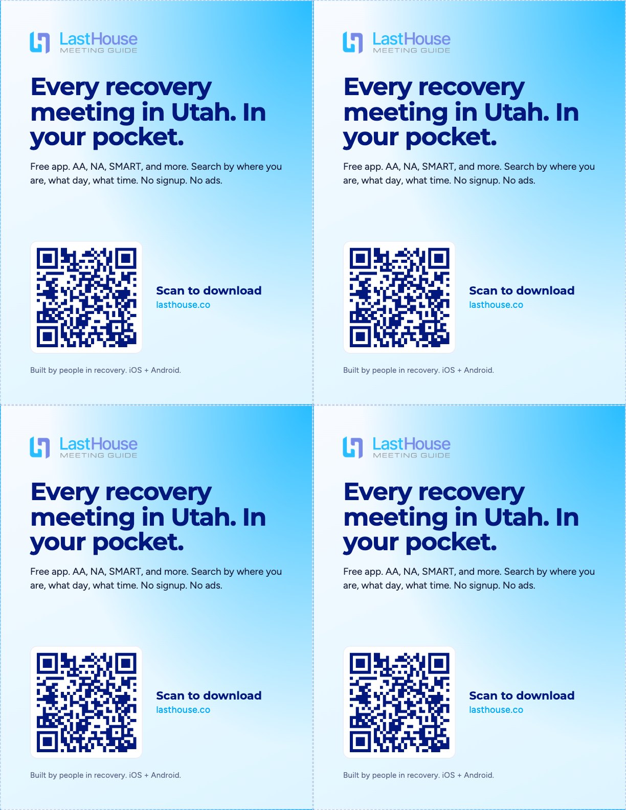 Four matching LastHouse Utah take-home cards on one letter sheet, each with a QR code to download the app